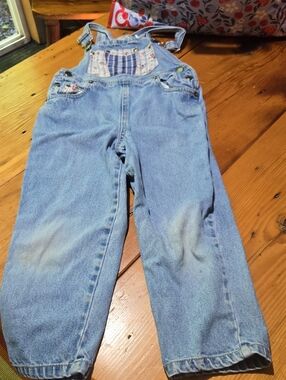 Vintage Rachel Kids Light Blue Denim Kids Overalls with Patches Sz 5